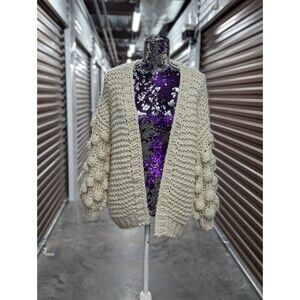 Amaryllis Cream Knit Open Front Cardigan Sweater Size XS/S Bubble Puff Sleeves